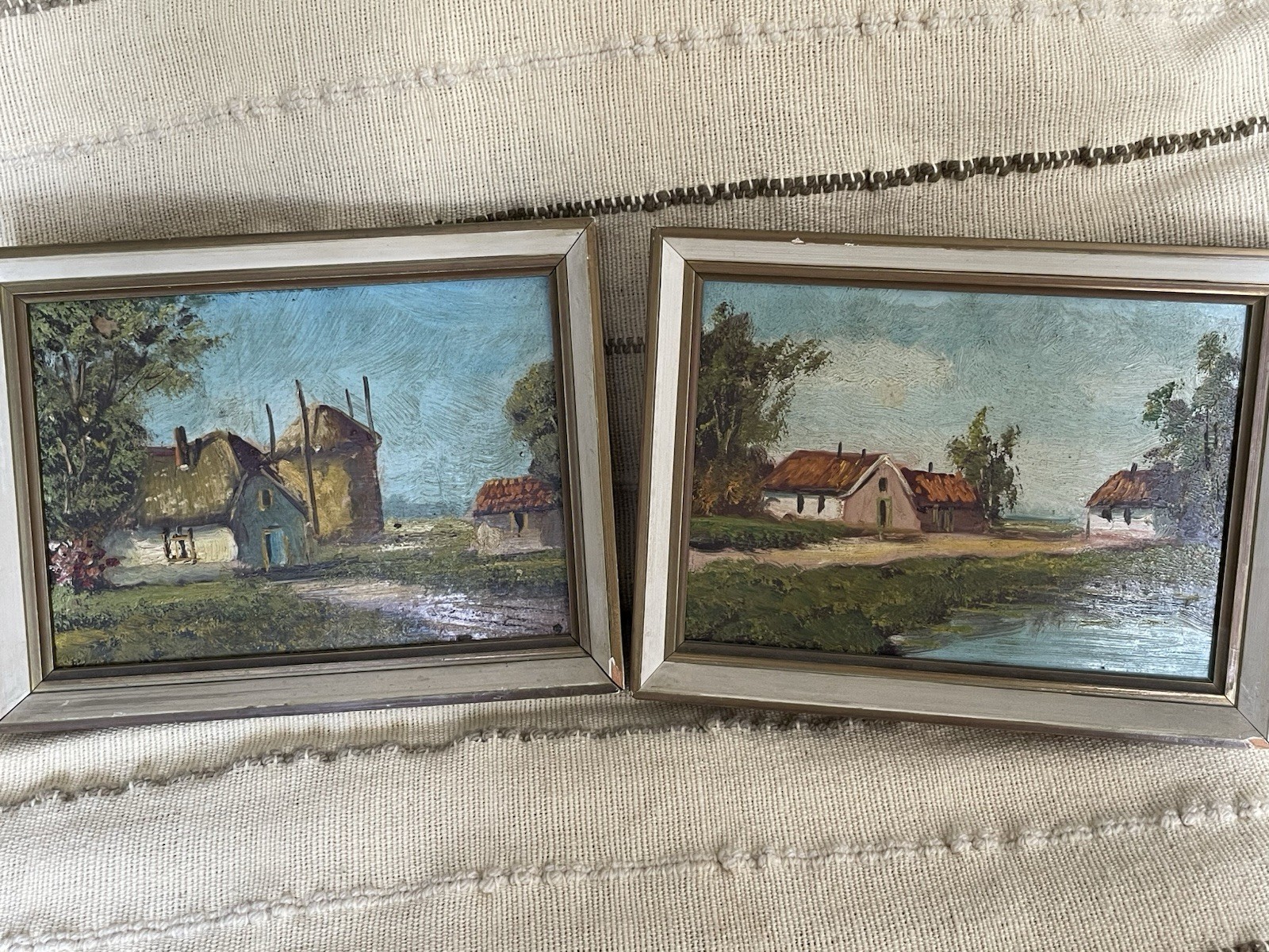 antique vintage dutch oil painting 2 ct mini landscape rural made in Holland