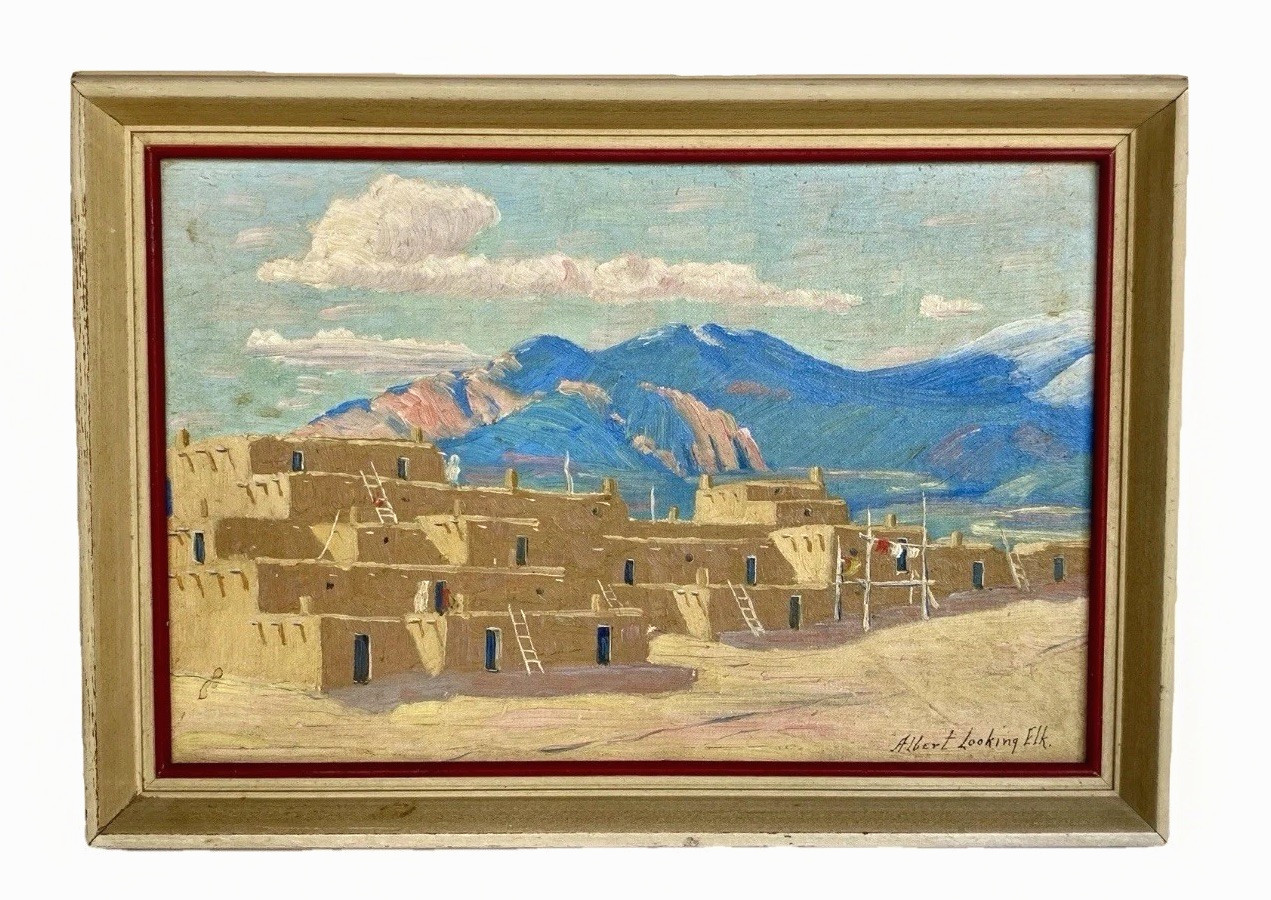 Orig Albert Looking Elk (Martinez) Oil Painting, Taos Pueblo, Framed 14″ x 10″