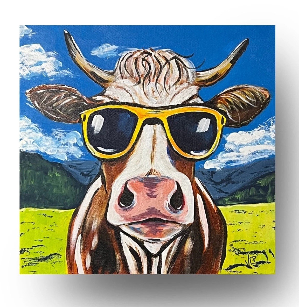 Whimsical Cow In Sunglasses Expressionist Art Acrylic 12×12” Canvas VLP Original
