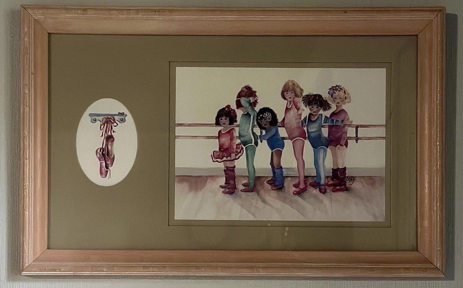 Framed Watercolor Girls Ballerina Dance Class print 16.25”x 10.25″ signed Casey