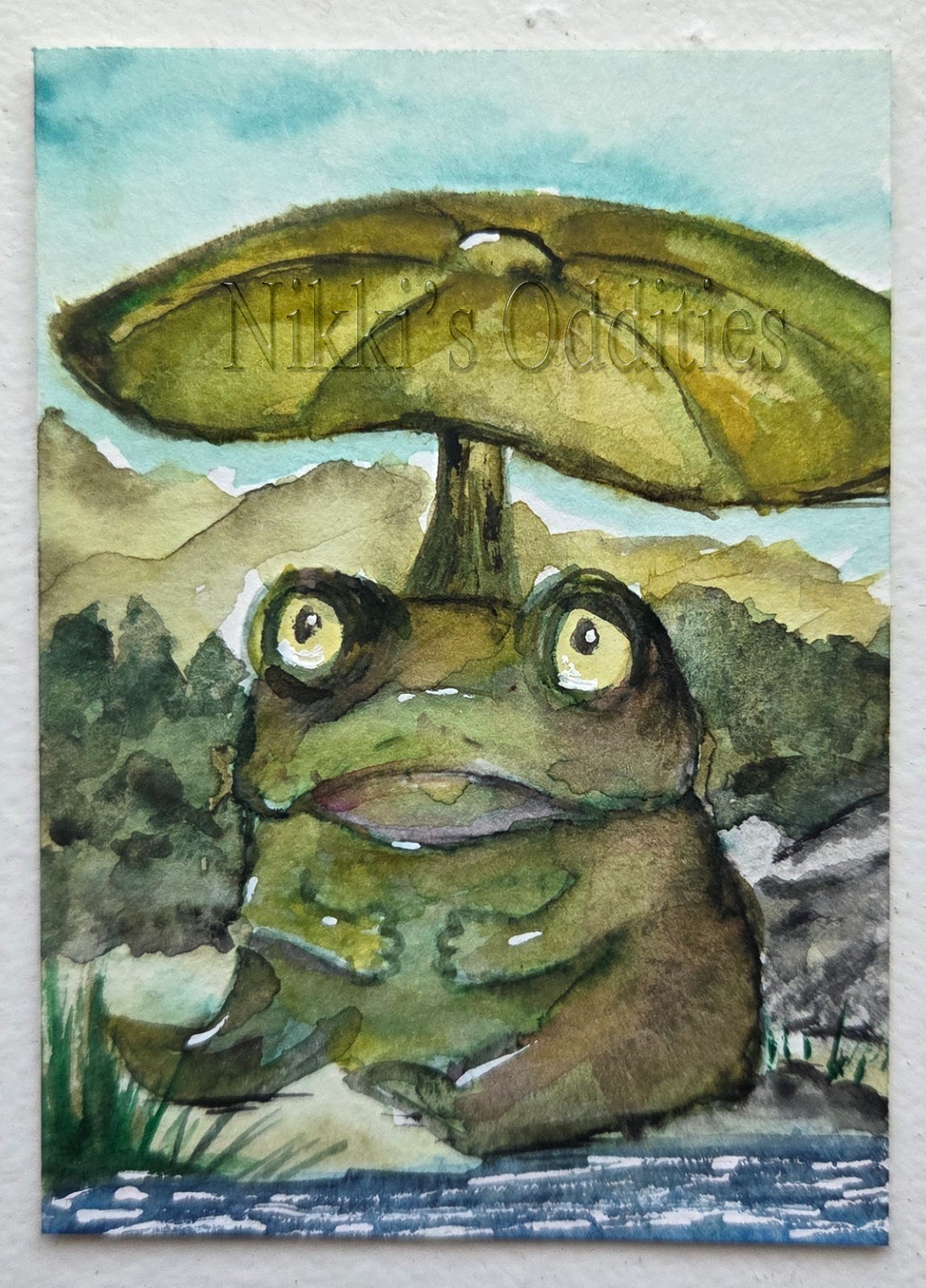 Aceo Original Watercolor art card Toad Frog Water landscape Nature Nikki C
