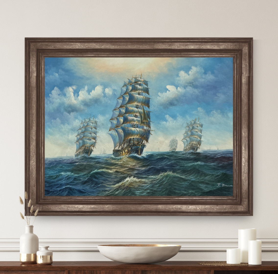 Vintage Sailing Ship Oil Painting Seascape Ocean Tall Ships Nautical Art 48×36