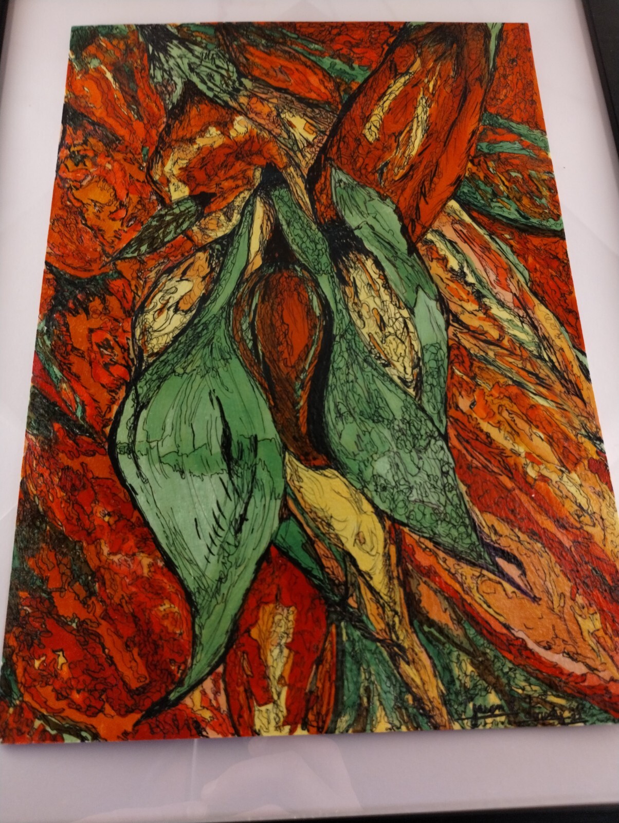Framed Original Signed Acrylic Modern Painting Heavy Paper Bold Floral Red Green