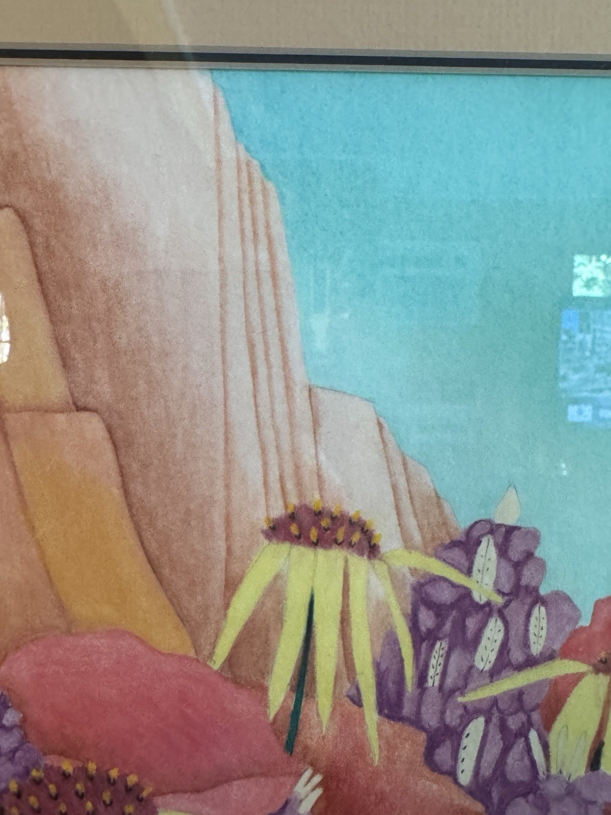 BJ Briner – Taos Artist – Casa de Los Flores – Framed Oil Pencil Paper Painting