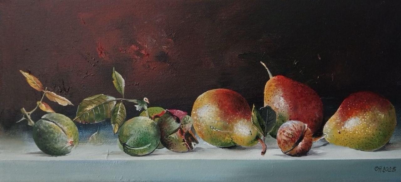 Oil painting on canvas «Pears and Nuts» / Art collection / handmade