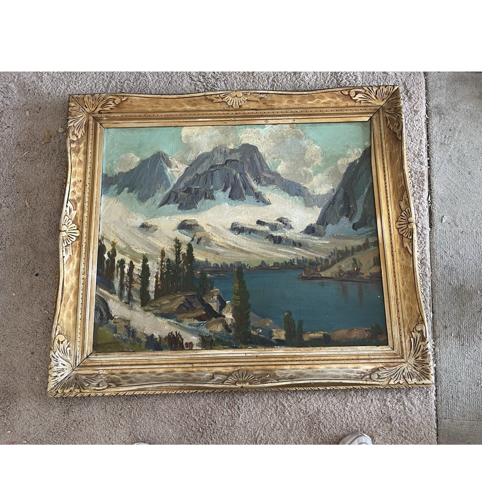 Framed Impressionist Landscape Painting Mountain Lake Snow Scene
