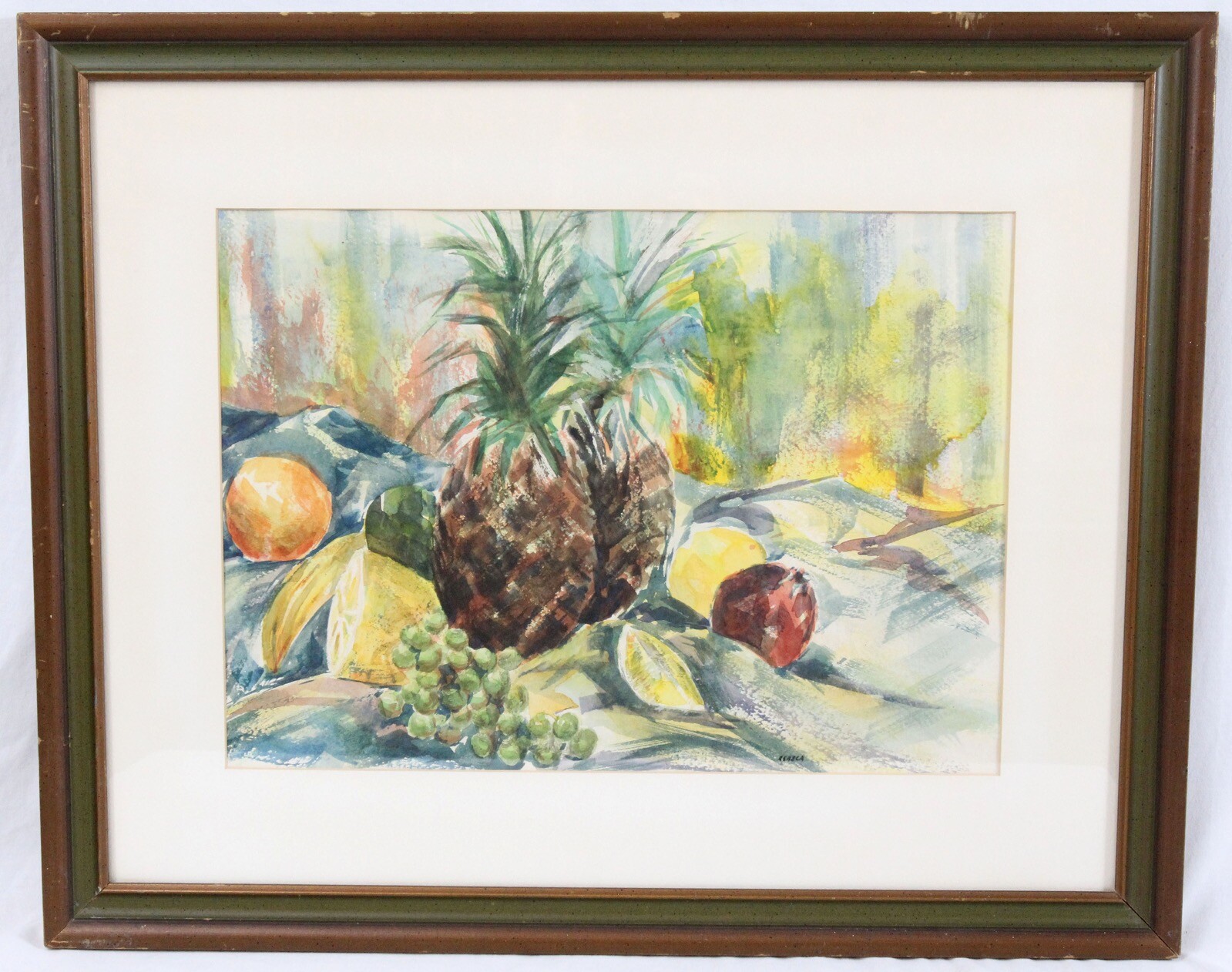Vintage 13×18 Expressionist Watercolor Painting Still Life Fruit Pineapple