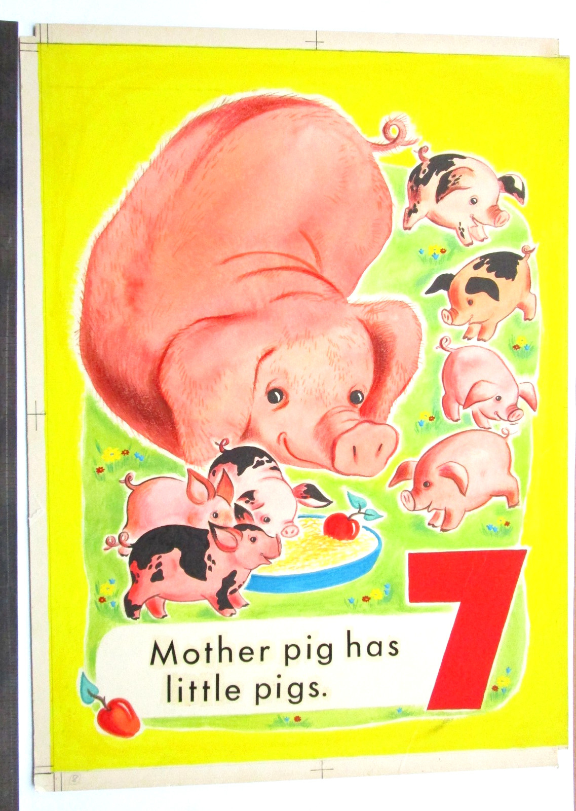 1950 PIGS CHILDRENS BOOK PAINTING COUNT THE ANIMALS ORIGINAL drawing art cel pig