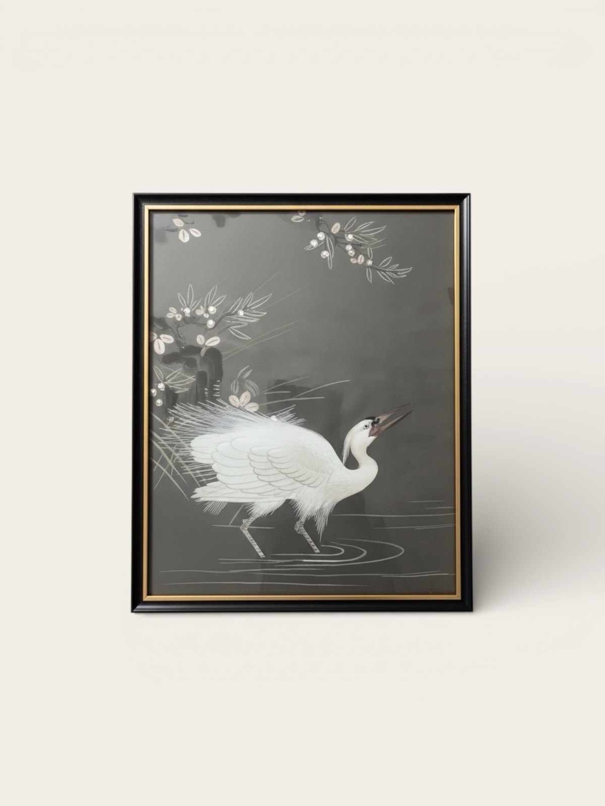Vintage Hollywood Regency Chinoiserie Silk Crane Embroidery Framed Art