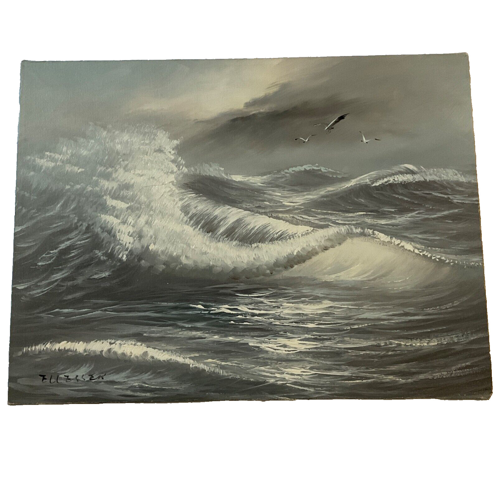 Vintage gray seascape ocean hand painted original PAINTING by Ellessen waves