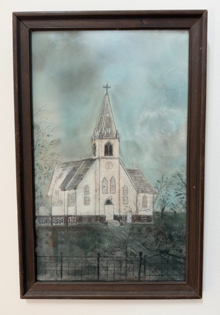 VINTAGE ORIGINAL PENCIL/CHALK FRAMED PAINTING WHITE STEEPLE CHURCH SCENE ARTWORK