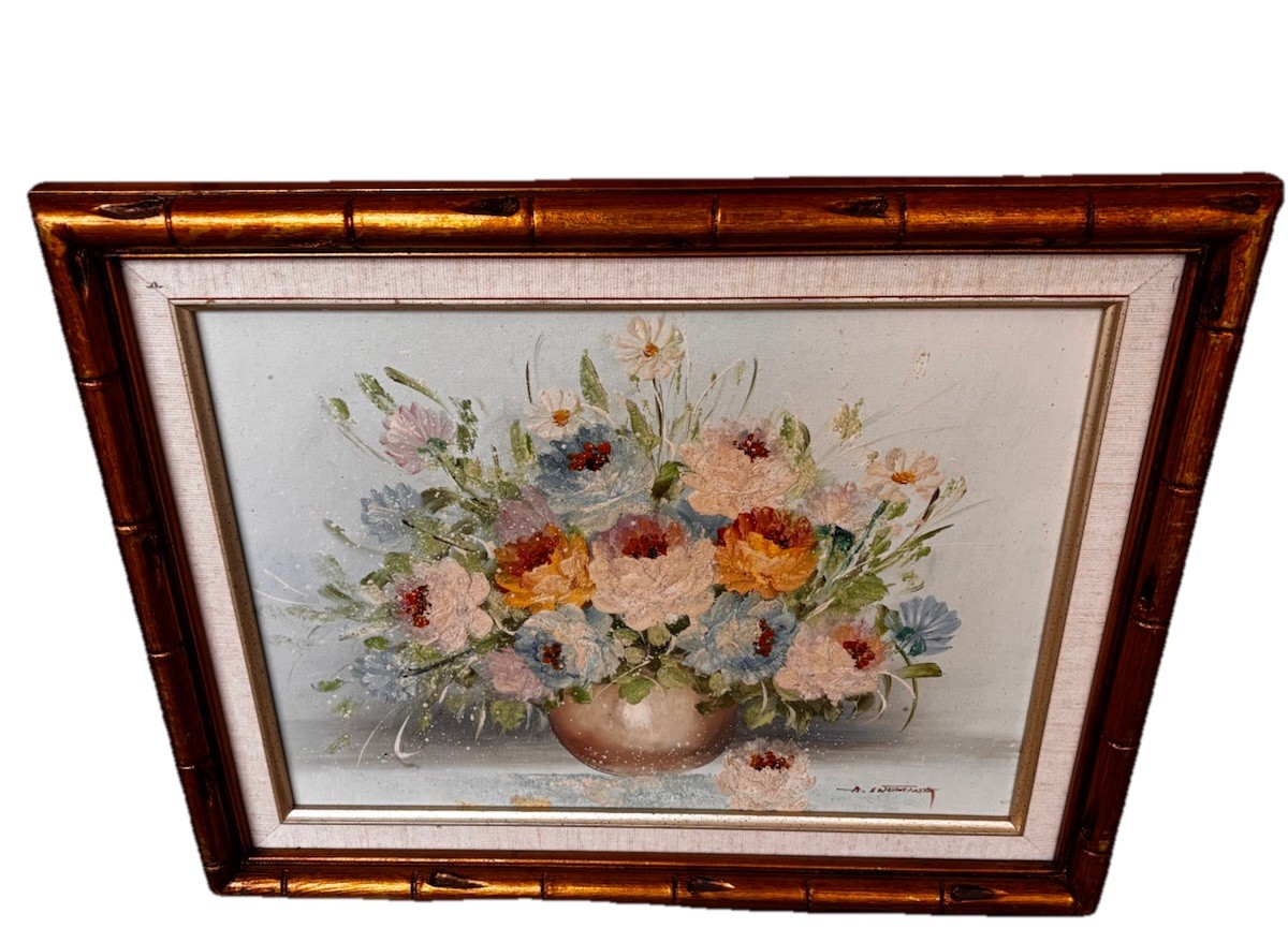 Vintage Original Oil Painting on Canvas Bouquet Of Flowers In Vase Signed