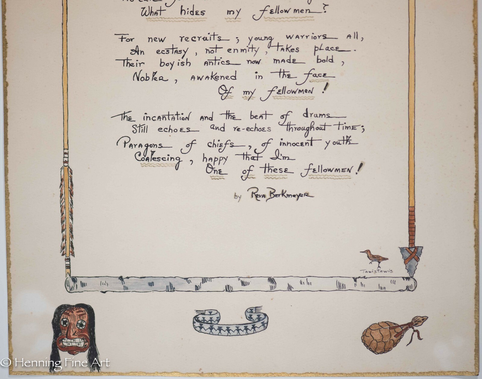 Fine Seneca Native American Hand Written Poem and Watercolor by Reva Berkmeyer