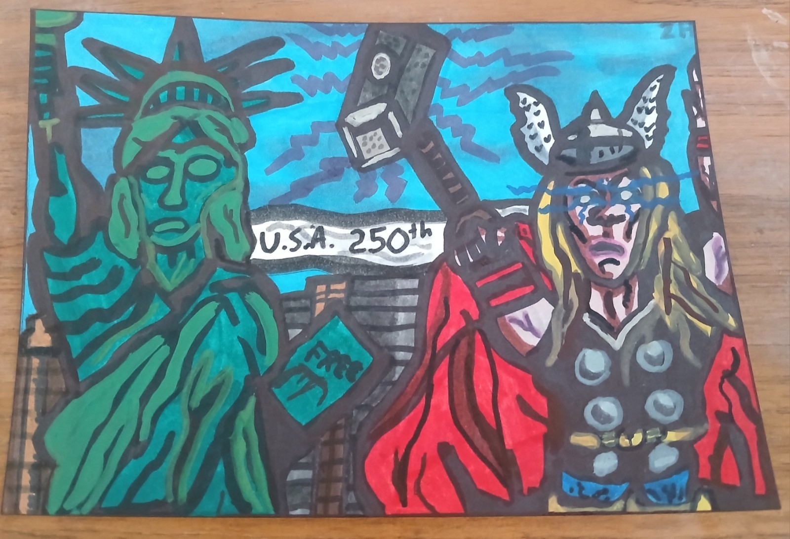 Drawing Painting Usa 250th Anniversary Thor Statue Liberty Marvel Avengers York