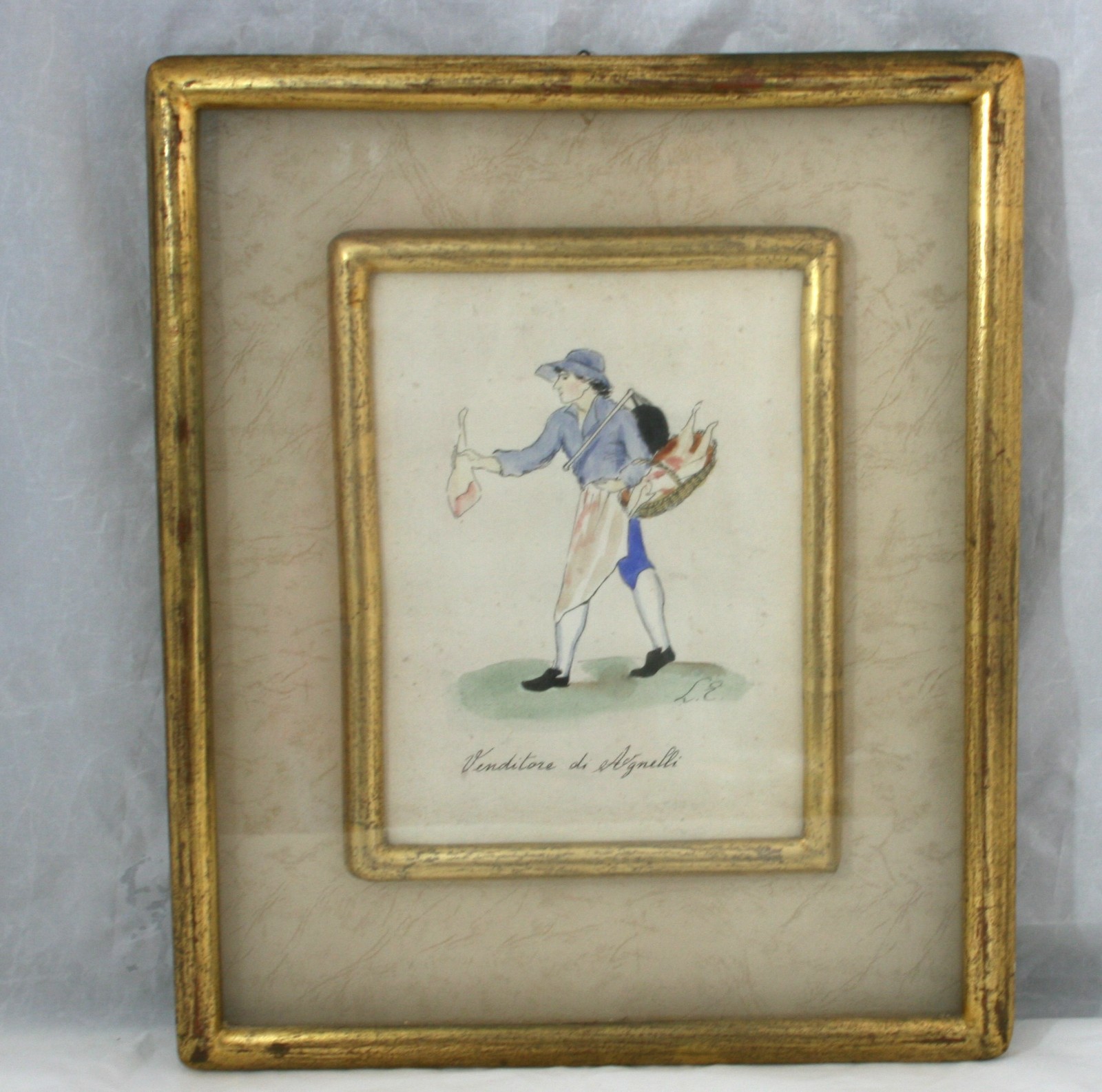 Antique Framed Italian Watercolor Painting Street Cry Lamb Seller