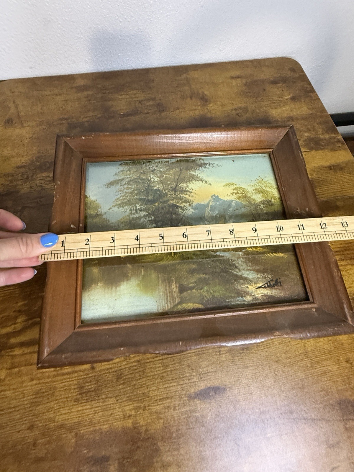 Vintage Landscape Framed Oil Painting 8×10 Mountain Trees Water Signed
