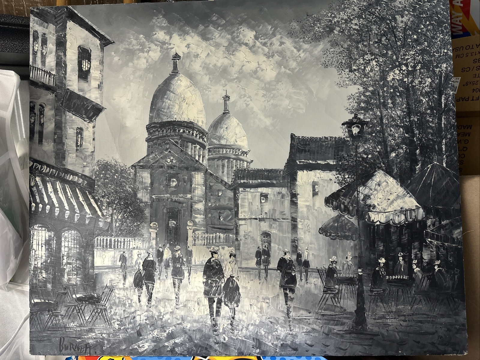 vintage original C. Burnett B&W abstract expressionism city scape oil painting