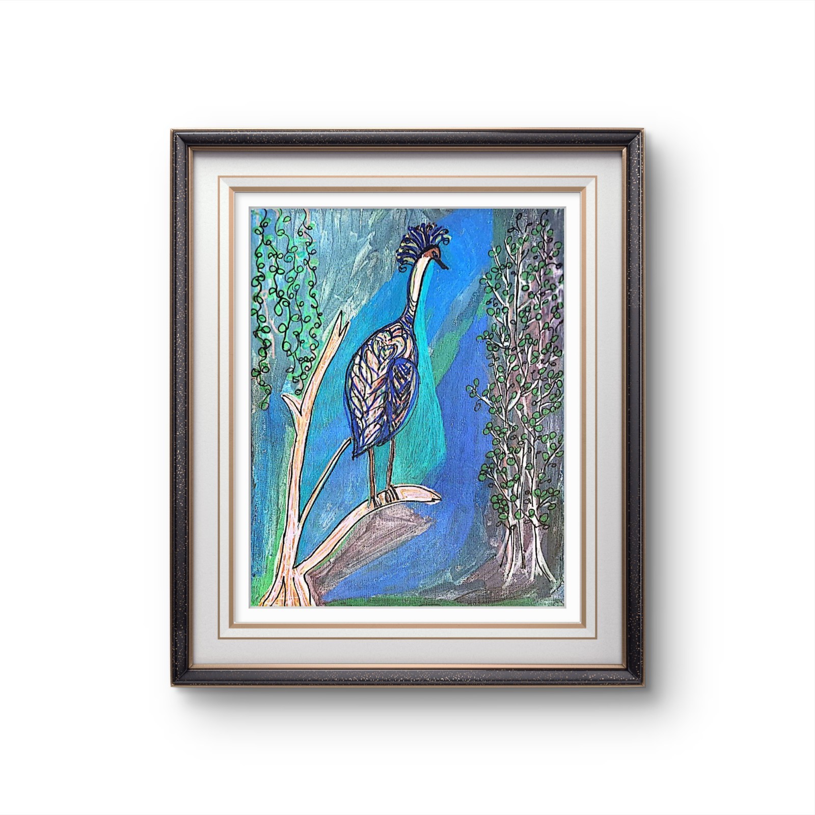 Blue Heron Bird Painting Original Acrylic Wildlife Nature Folk Art Canvas.