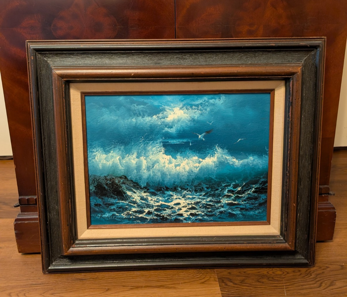 Seascape Oil Painting, Signed Kadishman, Canvas 16in x 12in, Frame 24.5in x 20.5