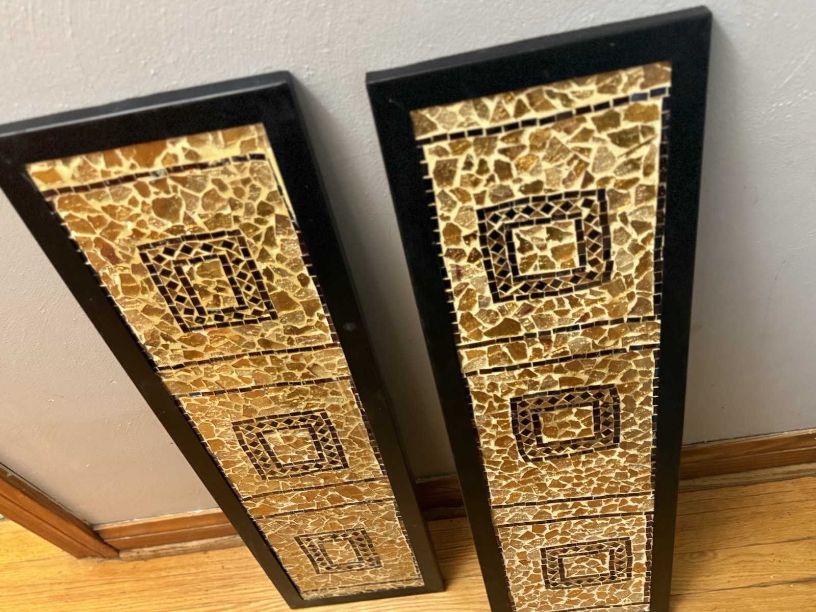 2 Large Gold And Black Mosaic Porcelain Decorative Tile Wall Panels /Art