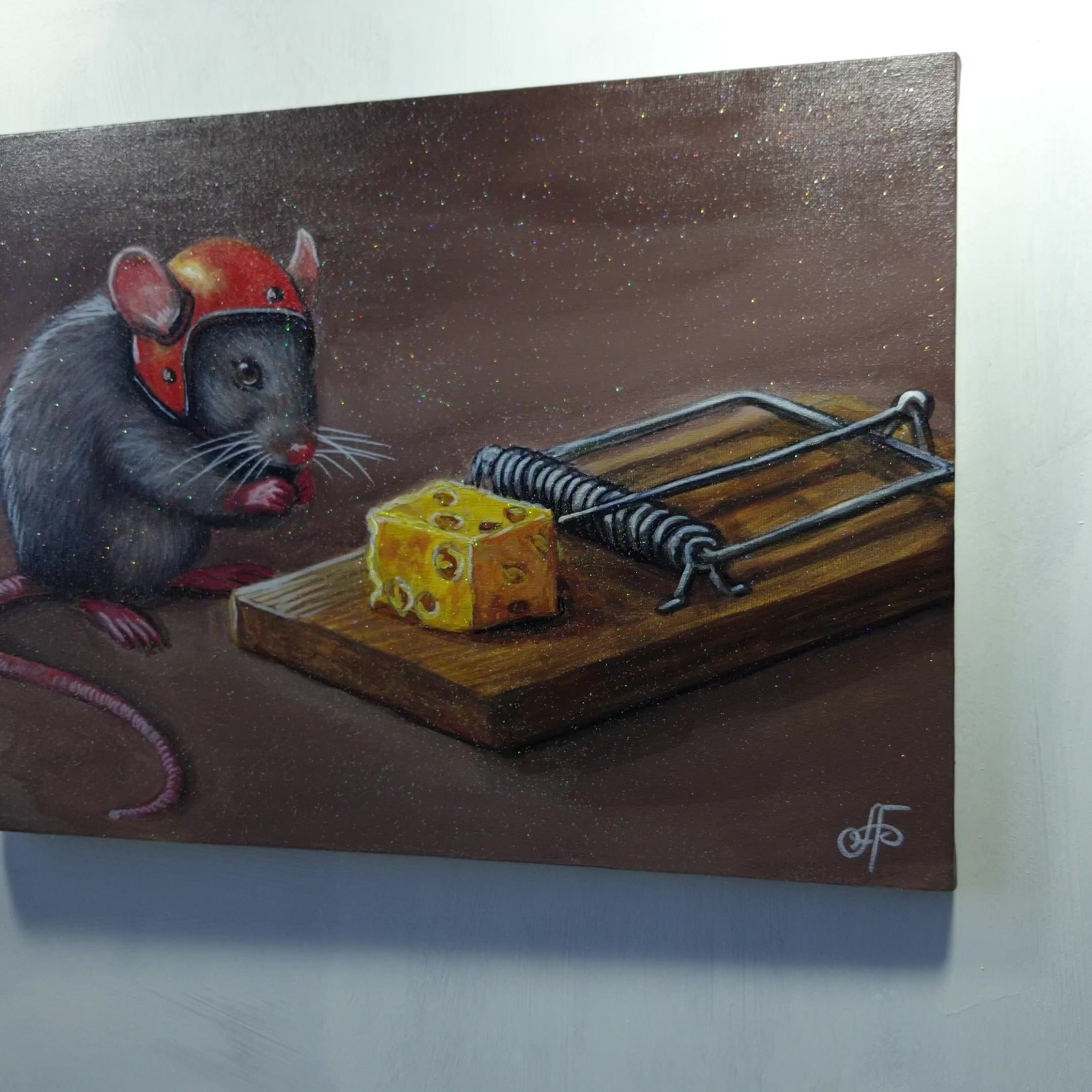 Brave Little Mouse and the Cheese Trap Funny Animal Painting Ukraine Artist