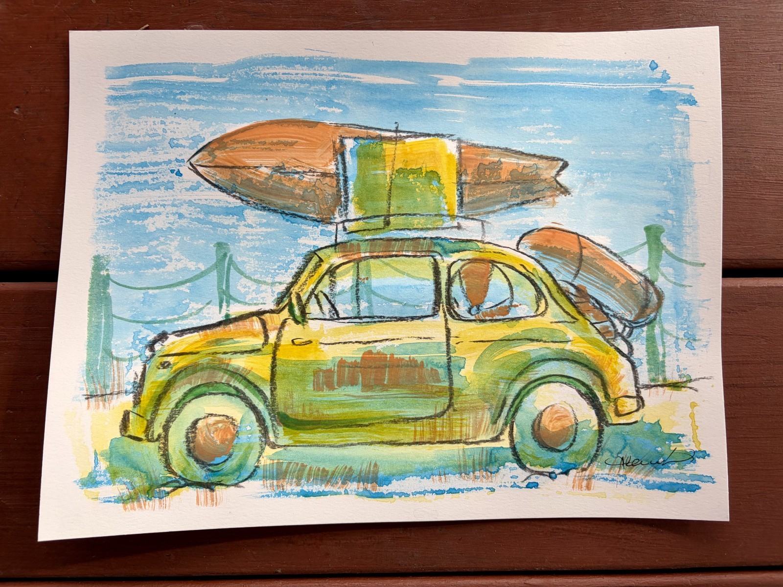 Original Beach Bug 3 Painting By Alannah Dyer- Acrylic 9×12 in. Car Trip Surf