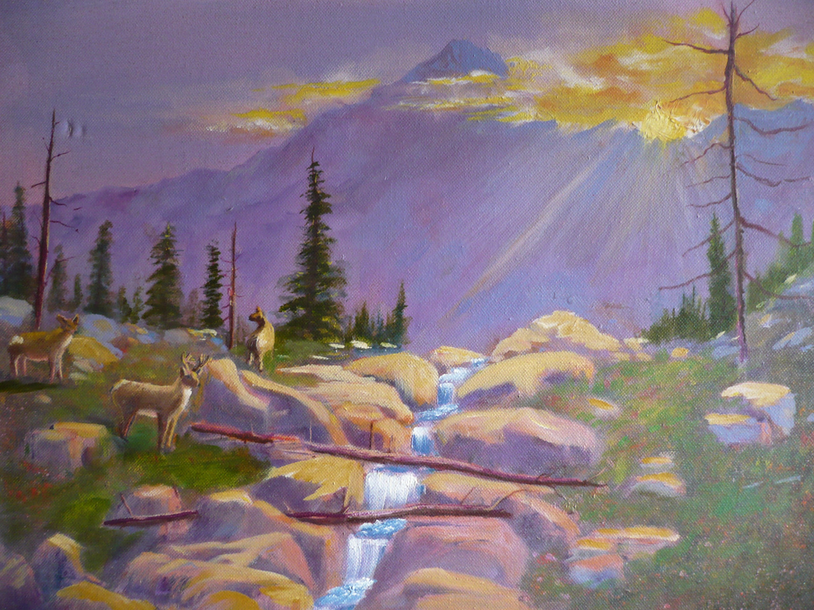 W.E. KNIGHT, Vintage OIL LUMINOUS WESTERN LANDSCAPE w/ DEER and RIVER MOUNTAIN