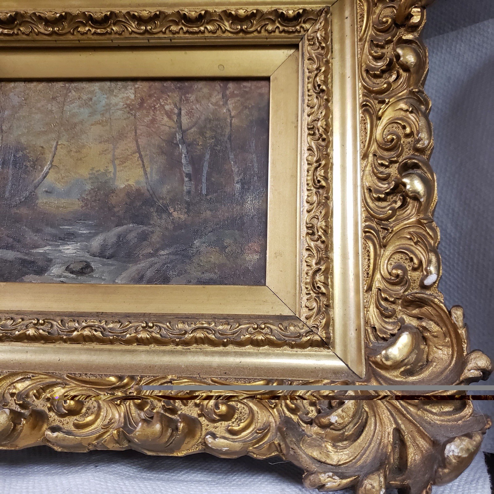 Vintage Gild Framed Landscape Painting on Canvas Forest Trees River Stream, sign