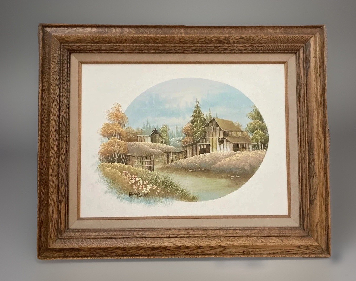 Vntg 1970s Oval Original Oil Painting Barn Country Landscape Buckett 17” X 21”