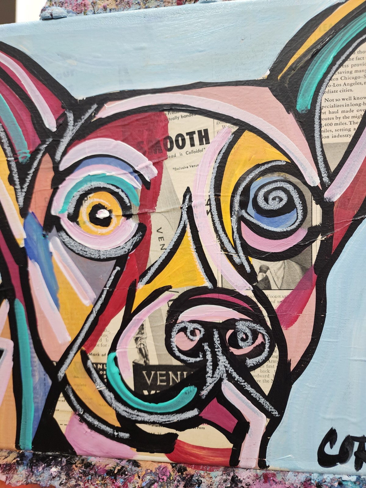 CORBELLIC EXPRESSIONISM 12X12 PET DOG RETRO MIXED MEDIA COLORFUL ART PAINTING