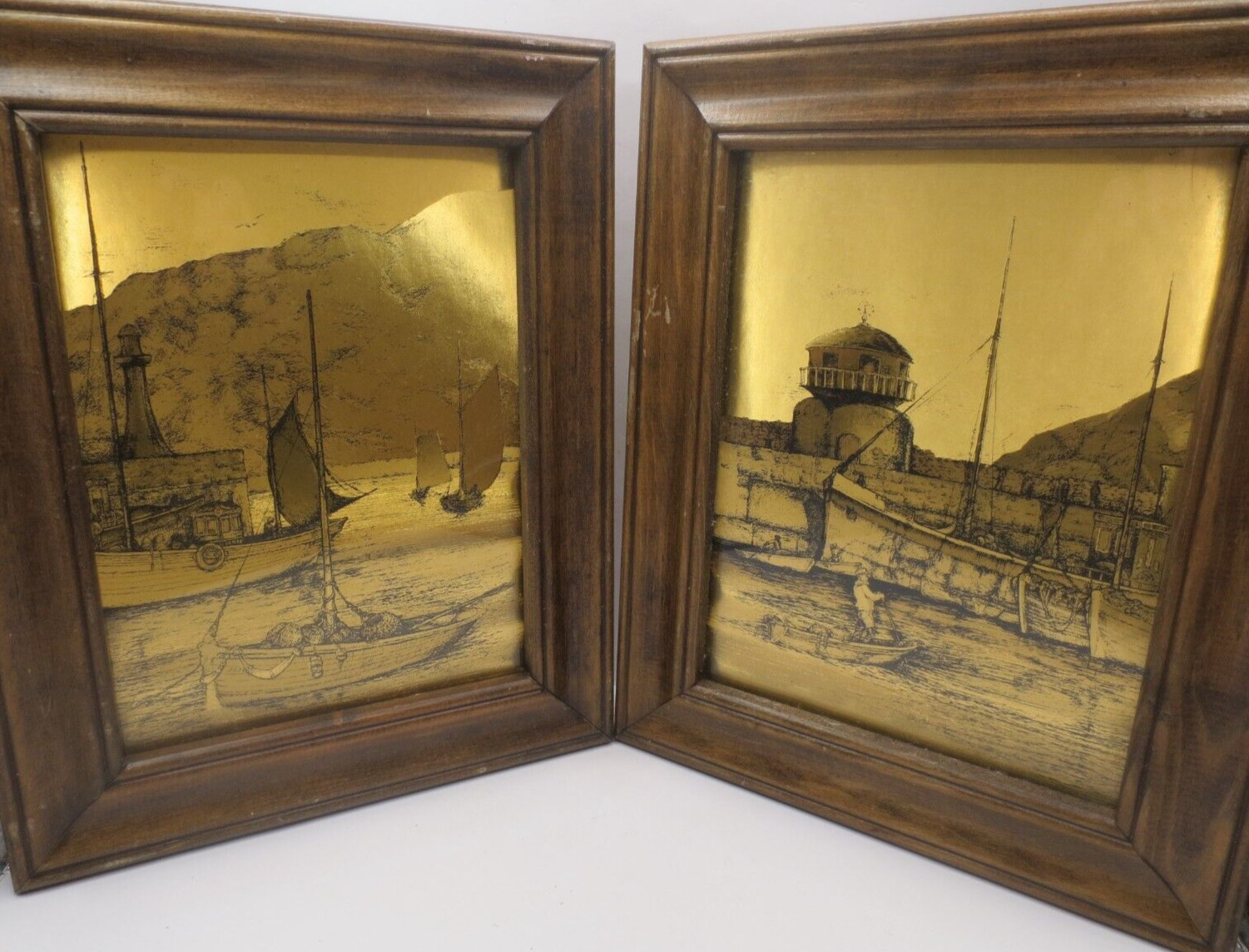Dufex Gold Foil Vintage Picture Framed w/Glass Fishing Boats Printed In England