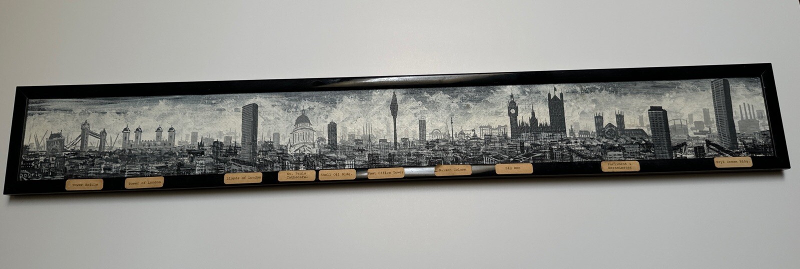 VINTAGE CITYSCAPE PAINTING TOWER OF LONDON SHELL OIL BUILDING HISTORIC PANORAMIC