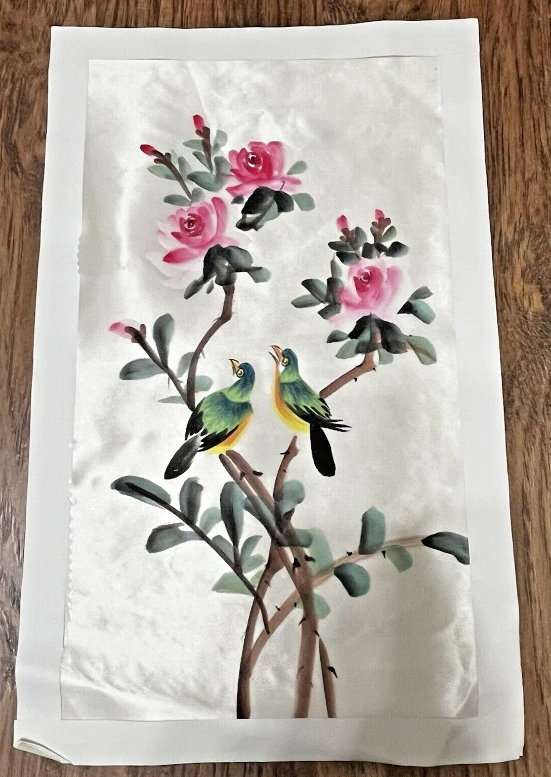 Set 2 Vintage Chinese Silk Painting Panels Birds in Flowering Tree 18.5″ x 11.5″