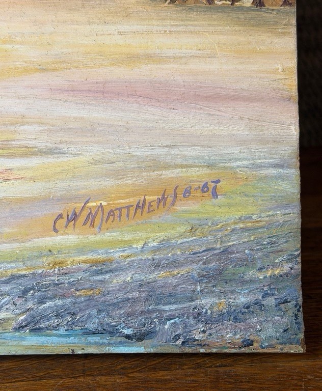 Stellar! 1960s Oil On Masonite Desert Scene Painting By C. W. Matthews 1967