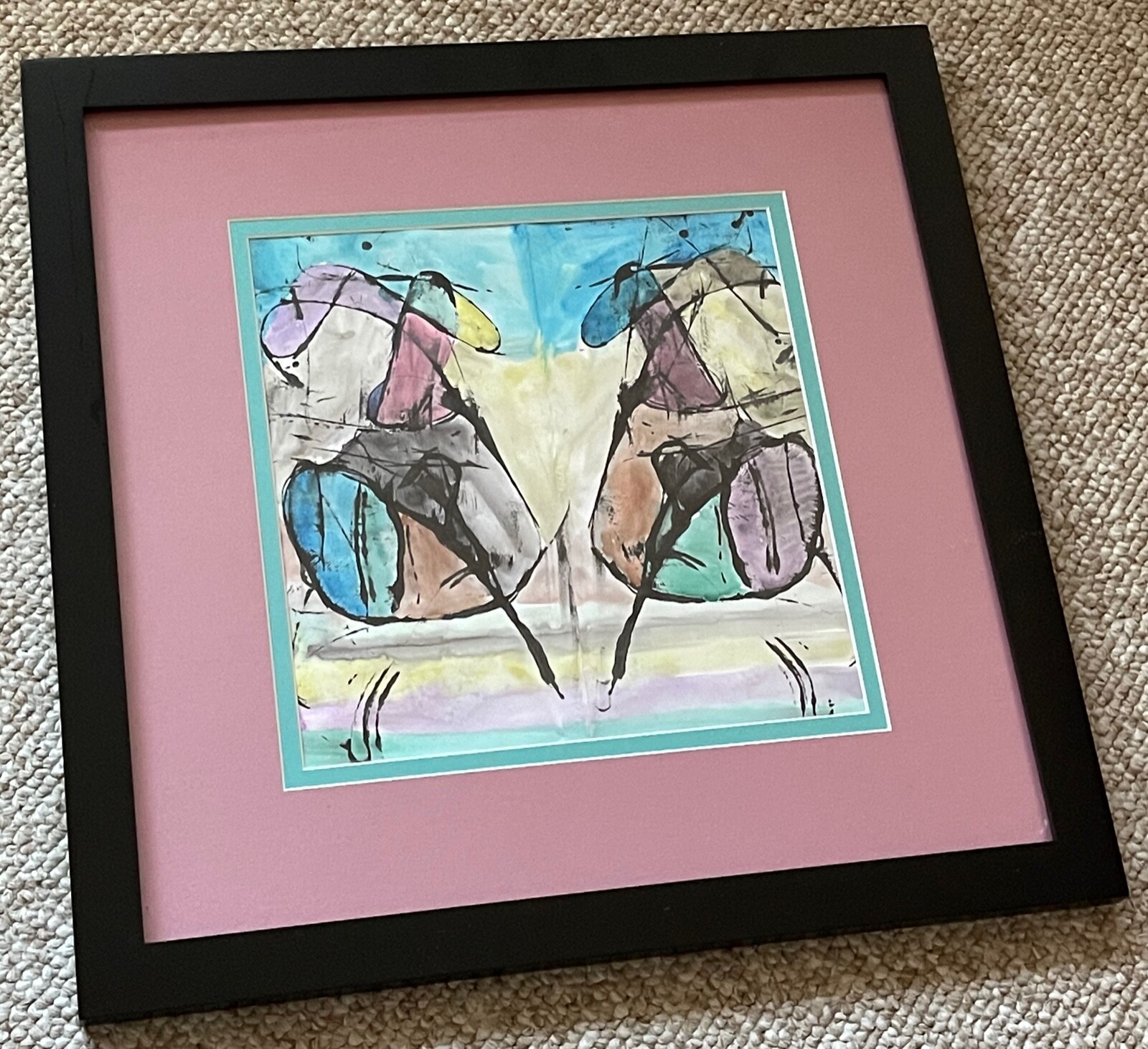 Vintage Framed Abstract Shapes Figures Watercolor Painting Modern Wall Hanging