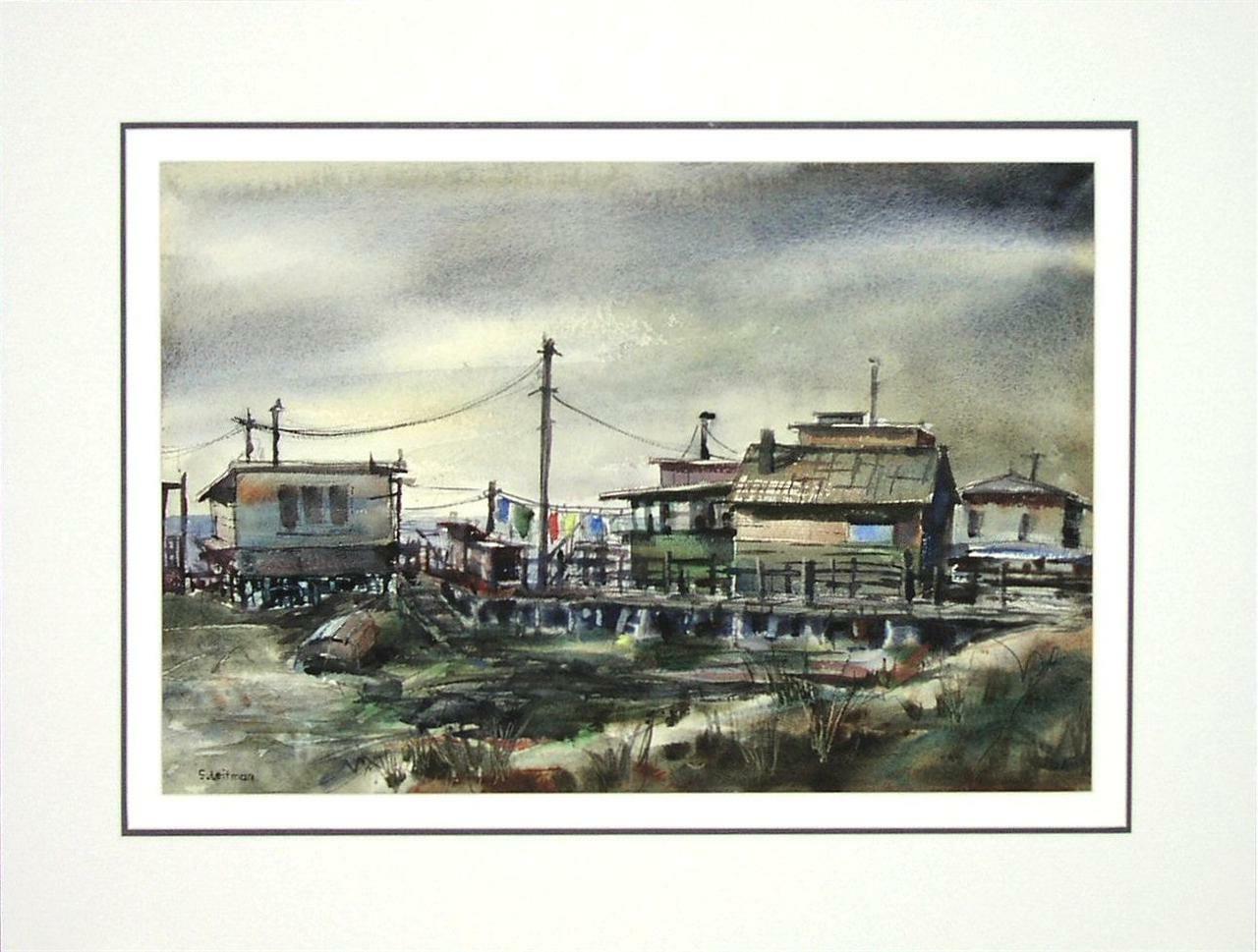 Large, Original Samuel Leitman Watercolor – Rockport Fishing Shacks