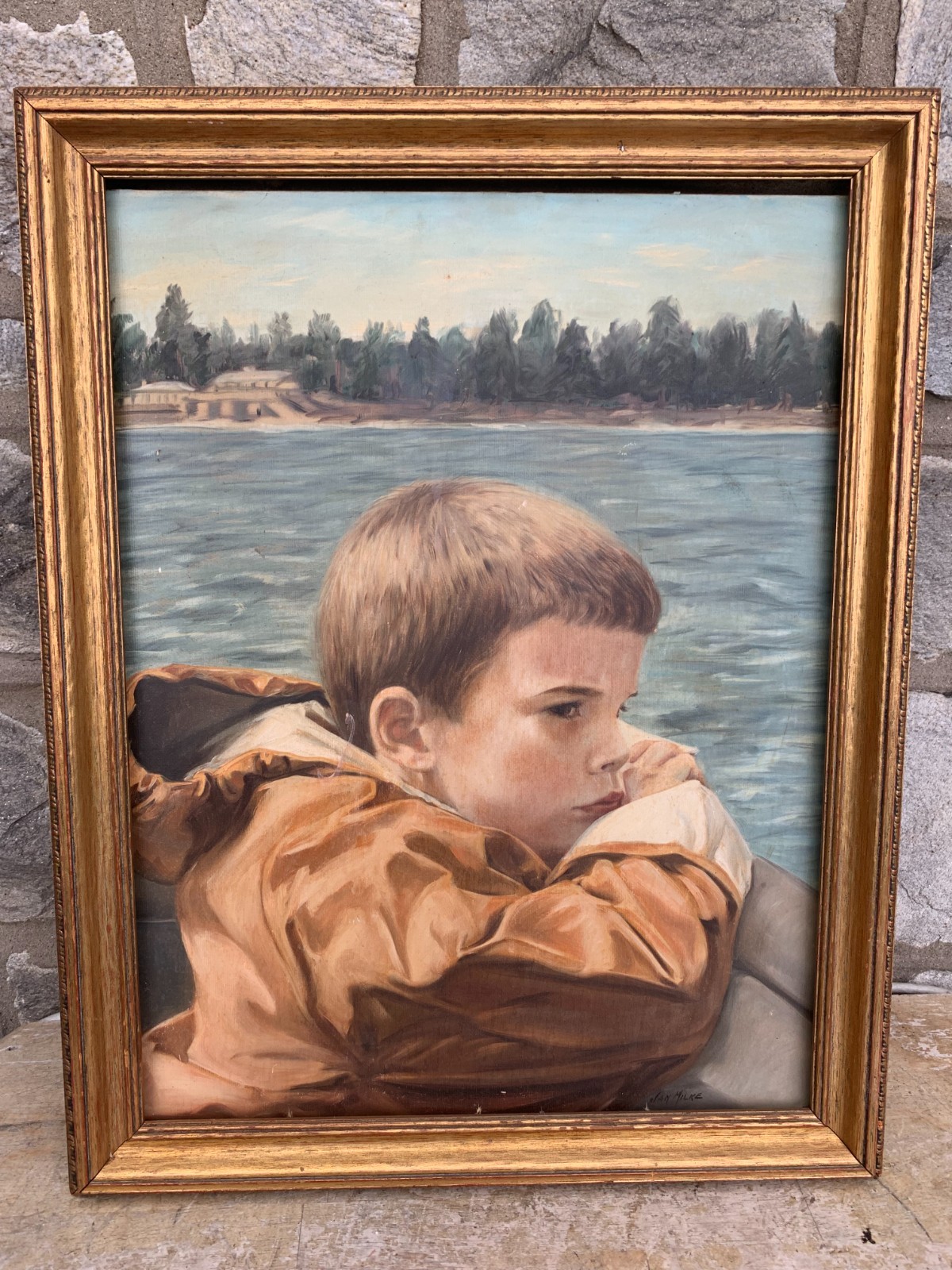 Jan Milke Signed Water Color Painting Young Boy On A Boat Gilt Frame 21.5X27.5″