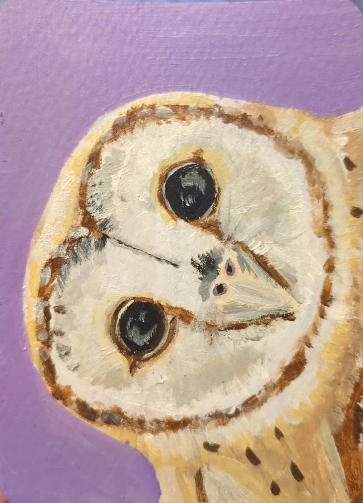 ACEO original acrylic painting by meganspreit barn owl selfie purple background