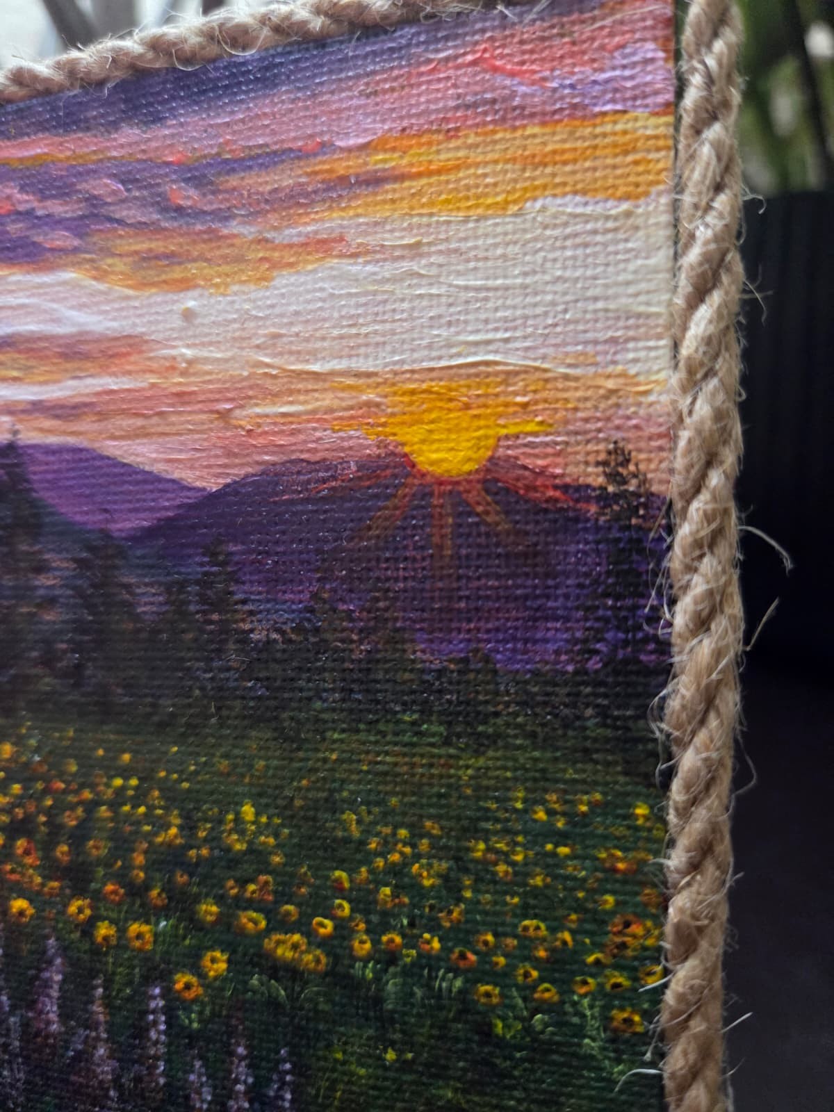 Original Wildflowers Sunset Mini Canvas Acrylic Fridge Magnet Painting 4.2×3 In