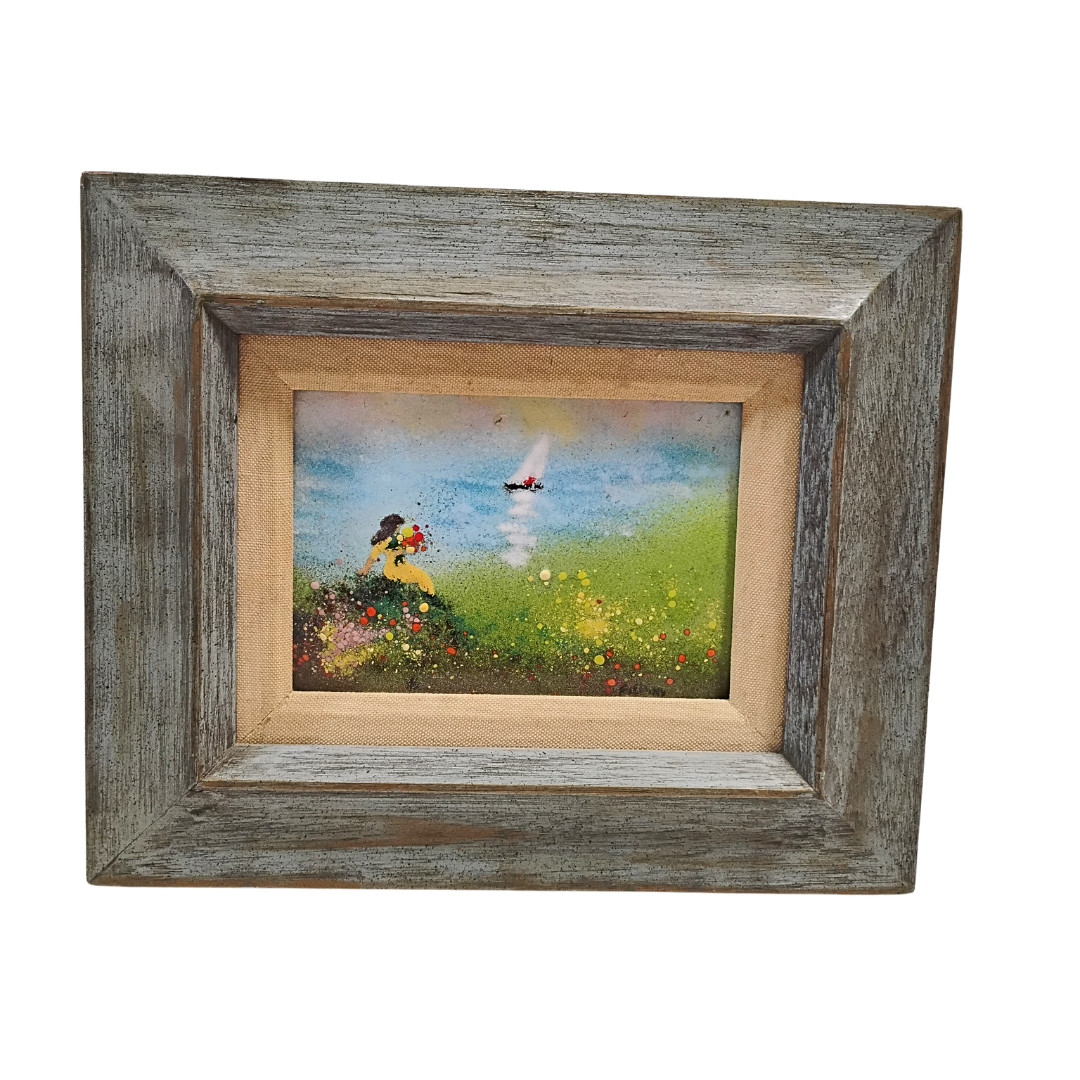 Signed Fleming Painting | Enamel on Copper Framed | Girl-Flowers-Water-Boat