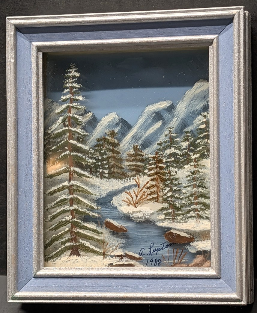 Original Winter Landscape Painting Framed Layered Glass Art Snow Mountains 6″x5″