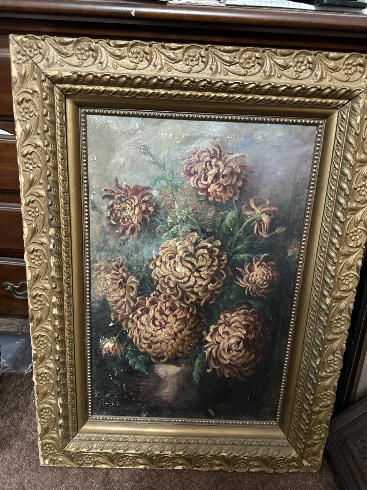 Antique Victorian Floral Still Life chrysanthemums O/C