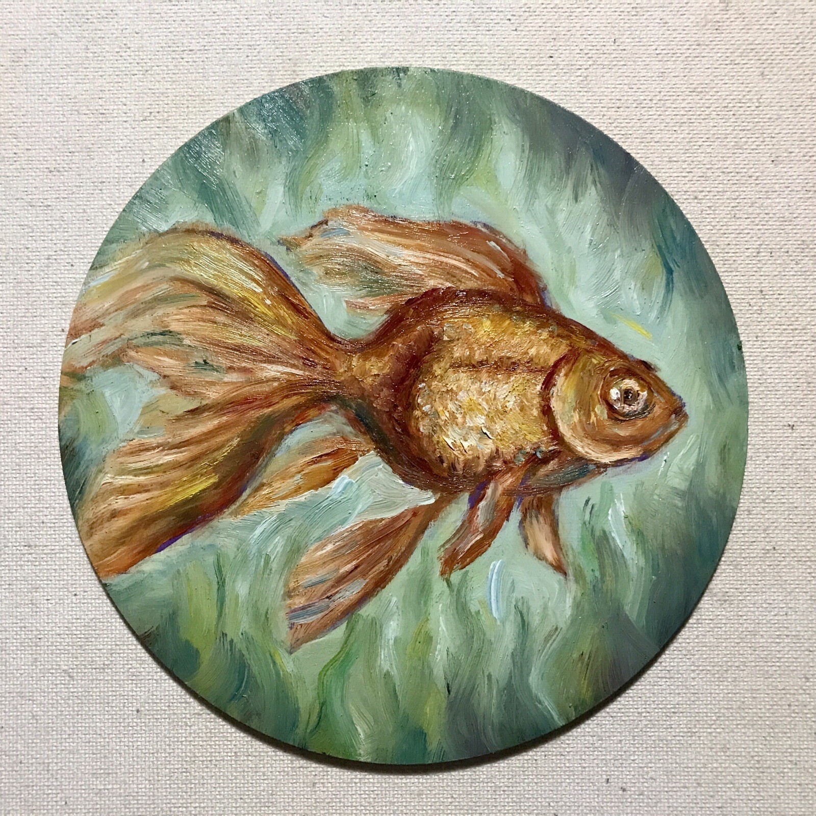 Gold Fish Oil Painting Original Aquarium Pet Wall Art 6” Round Wall Decor