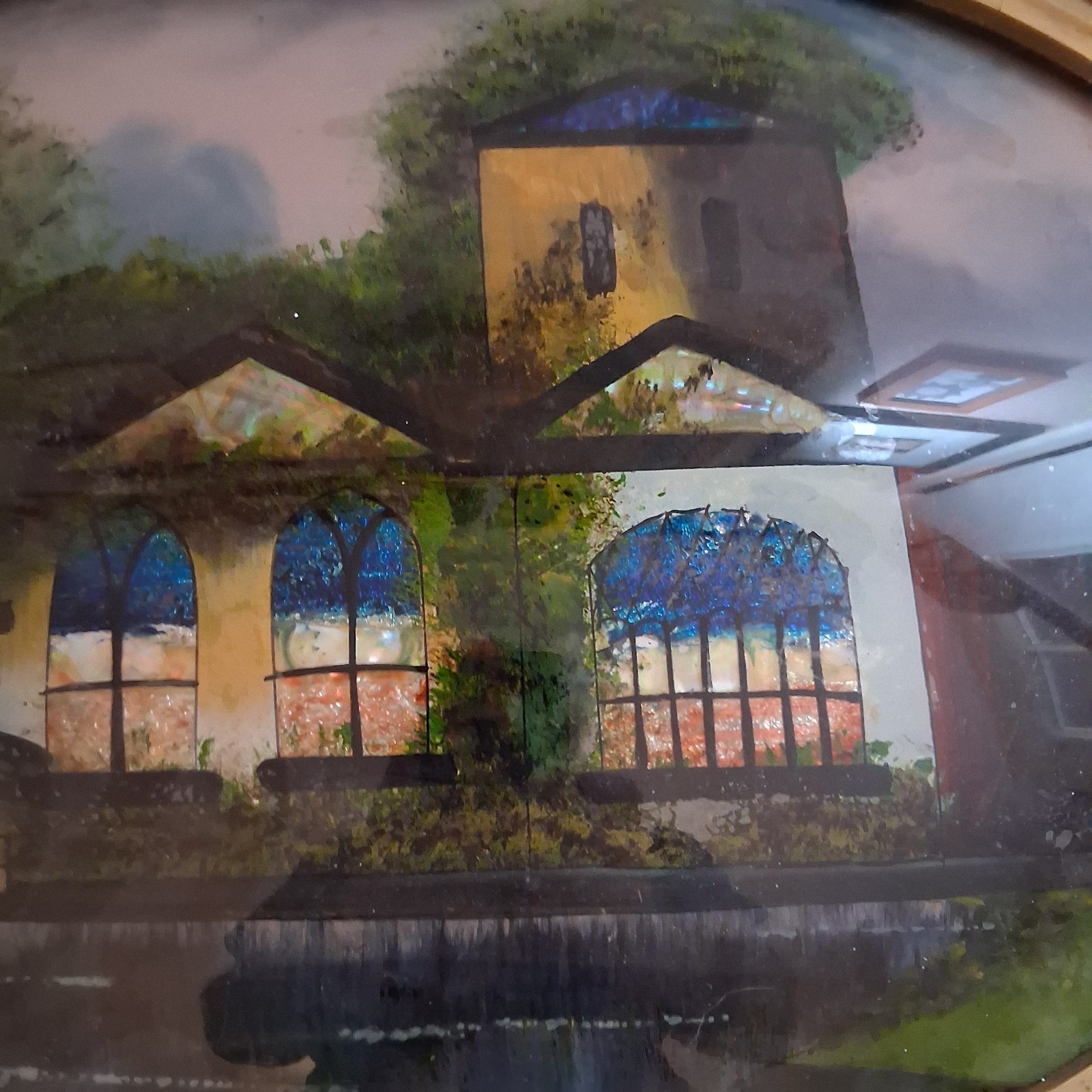 Antique Japanese Reverse Bubble Glass Painting In Original Frame 23″ × 16″