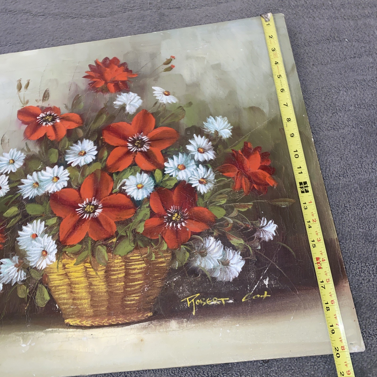 Vtg Signed Robert Cox Oil on Canvas Red Floral Daisies Still Life 24” X 20”