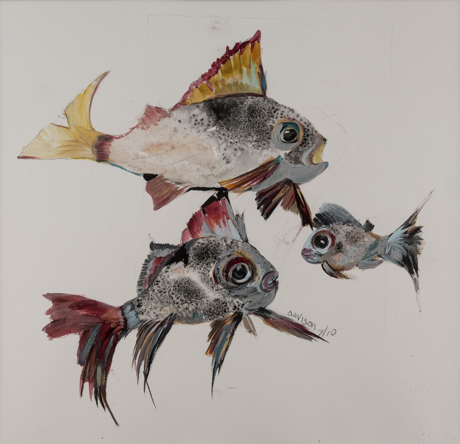 Bobette Davison Original Watercolor Gyotaku Fish Signed 2010 13.5×14″ Framed