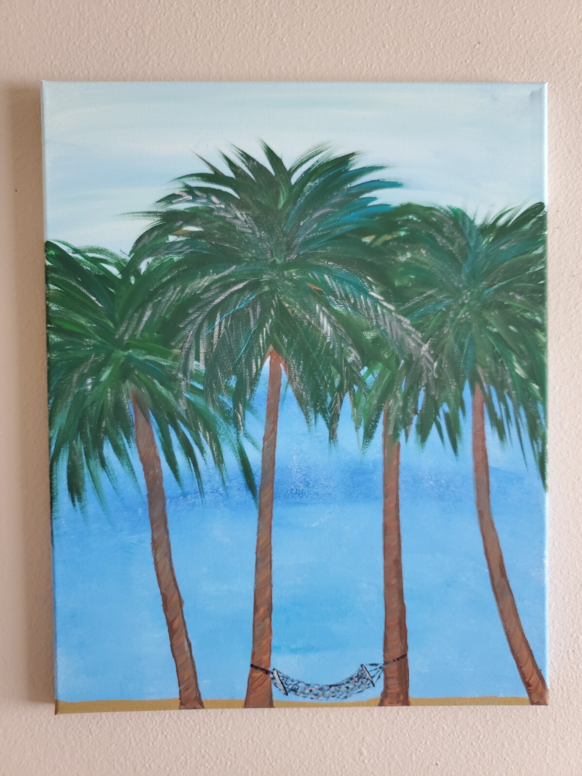Handmade Painting Acrylic Wooden Frame 20×16 Art Decor Ocean Palms Summer