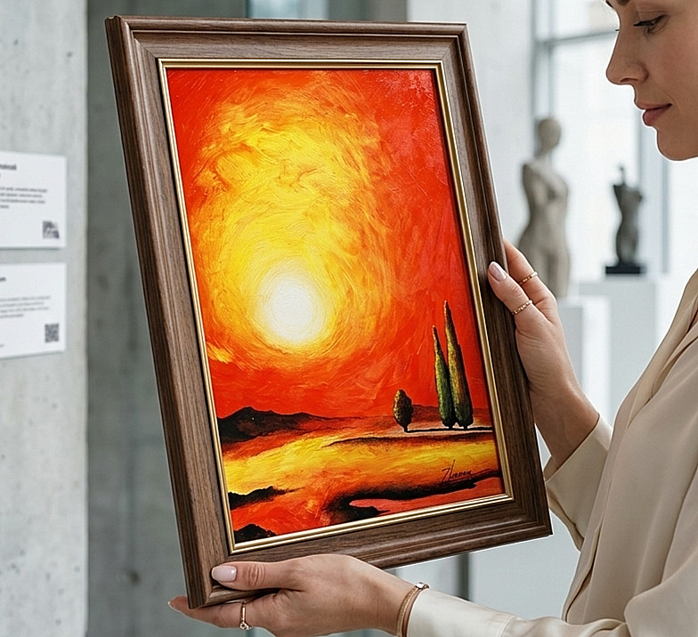 Original Surreal Sunset Landscape Signed Warm and Calm Unigue Fantasy Folk Art