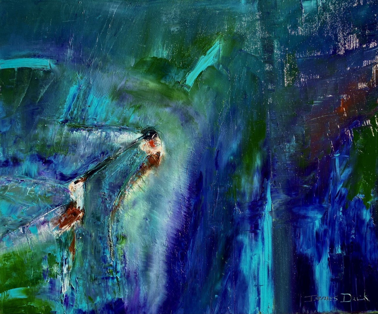Sacré Bleu! Spirited Hummingbird Courtship by James Dick | Oil Painting