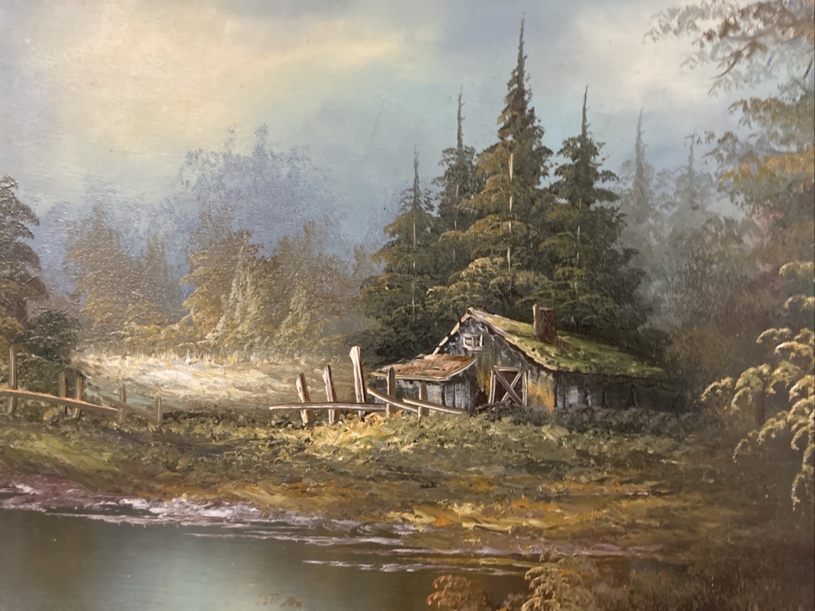 Oil On Canvas Painting, Cabin in Forest Landscape, 20 X 24 Artist Sign Vintage